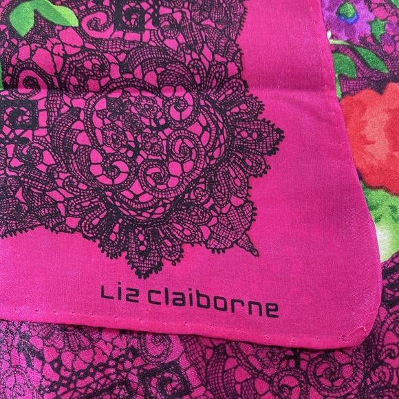 Vintage Silk Liz Claiborne Square Scarf Lace Print & Floral Design Gem Tones 90s - Picture 4 of 12